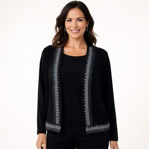 Chico's Travelers Cardigan Womens Sz S Black Open Front Embroidered Sequin Top